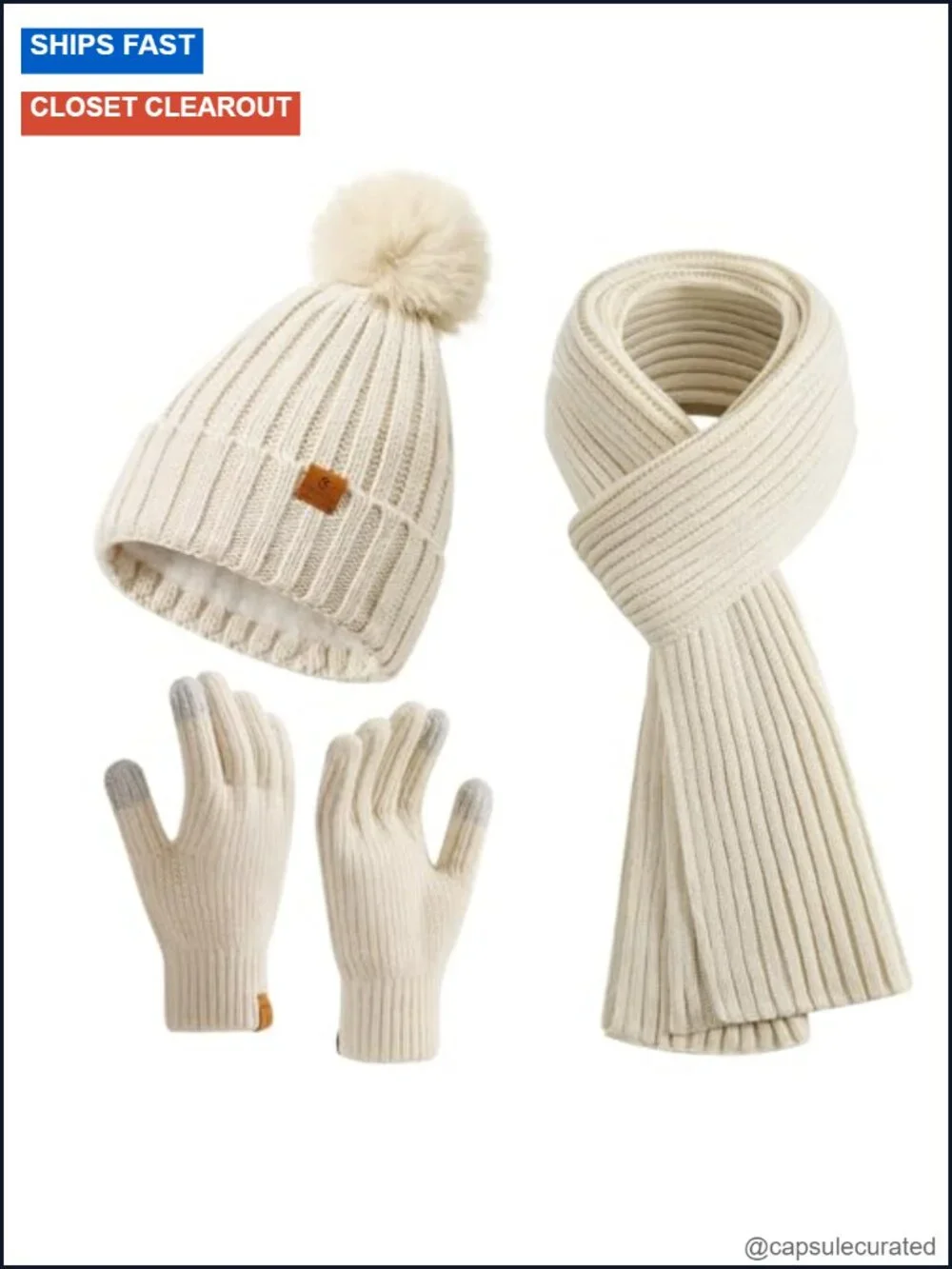 Women's Winter Hat Scarf Gloves Set, Acrylic Knit Beanie with Pom Pom,